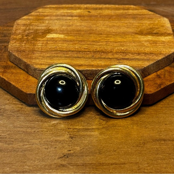 Vintage Crown Trifari copyright gold tone and black pierced earrings. - Picture 1 of 7